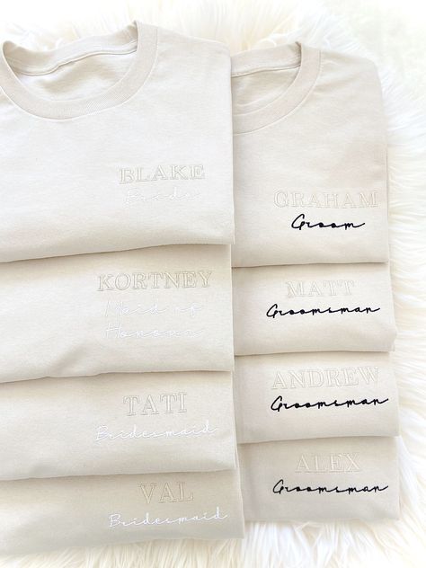 Custom embroidered unisex Bridal Party Long Sleeve Tees (please send me a message to order a different style shirt - tees, sweaters, joggers, hats etc). No returns or exchanges accepted. Cute Bridal Party Shirts, Bridal Party Sweater, Bridal Party Jerseys, Bridal Party Merch, Bridesmaid Sweater, Moh Duties, Stag And Doe, Bridal Party Getting Ready, Party Sweaters