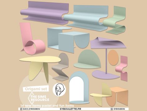 The Sims Resource - Origami set - Part 1 Pastel Sims 4 Cc, Sims 4 Pastel Cc, Sims Room Cc, Sims Decor Cc, House Cc Sims 4, Furniture Cc Sims 4, Sims Cc Build, Barbie Room Decor, Origami Furniture