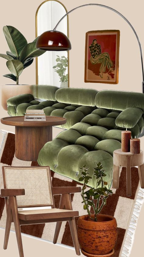 Earthy Interior Design, Living Room Collage, Earthy Interior, Green Couch Living Room, Room Collage, Earthy Home Decor, Couch Living Room, Green Couch, Future Apartment Decor