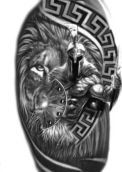 Gladiator Lion Tattoo, Spartan Warrior Tattoo, Warrior Tattoo Design, Lion Leg Tattoo, Gladiator Tattoo, Spartan Tattoo, Geometric Sleeve Tattoo, Lotus Tattoo Design, Military Tattoos