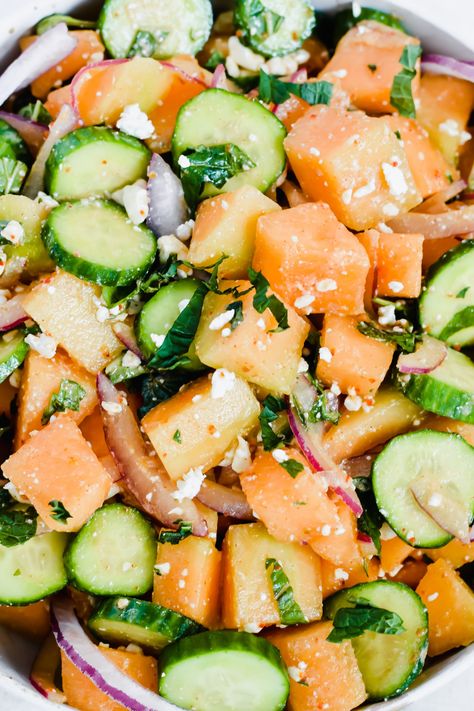 Salad With Cantaloupe, Cantaloupe Salad Recipes, Cantaloupe Cucumber Salad, Salad Challenge, Cantaloupe Salad, Salad Sides, Tooty Fruity, Cantaloupe Recipes, Training Food