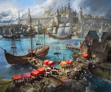 Docks, Jeff Brown on ArtStation at https://www.artstation.com/artwork/w6w1J9 Dock Art, Fantasy Town, Pirate Art, Location Inspiration, Guild Wars, Fantasy City, Fantasy Castle, Fantasy Setting, Fantasy Places