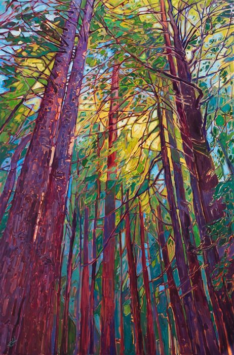 Redwood forest orignal oil painting by contemporary impressionism painter Erin Hanson Colorful Forest Painting, Vibrant Paintings, Erin Hanson, Oil Painting Inspiration, Contemporary Impressionism, Redwood Forest, Forest Painting, Mosaic Pattern, Oil Painting Portrait