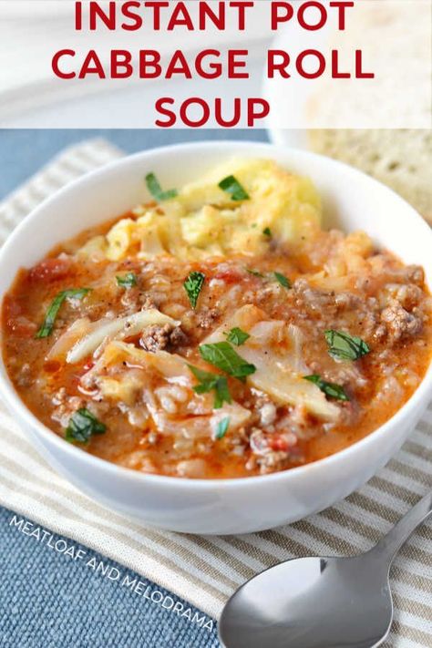 Instant Pot Cabbage Roll Soup recipe - Unstuffed cabbage soup is made with ground beef, sausage, rice and cabbage and served over mashed potatoes for a quick and easy dinner that's pure comfort food! #instantpot #instantpotrecipes #soup Italian Sausage Cabbage Soup, Instant Pot Cabbage Roll Soup, Sausage Cabbage Soup, Sausage And Cabbage Soup, Soup Recipes With Ground Beef, Pressure Cooker Soup Recipes, Instant Pot Cabbage, Unstuffed Cabbage Soup, Paleo Dinners