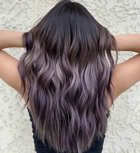 Brunette With Ashy And Mocha Highlights, Lavender With Brown Hair, Dark Brown Hair Balayage Purple, Purple Ombre On Black Hair, Ashy Purple Brown Hair, Purple Tint Hair Brown, Ash Brown Purple Balayage, Faded Purple Hair On Brown, Dark Brown Hair With Lilac Highlights