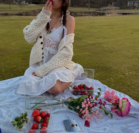 Winter Picnic Outfit Aesthetic, Cottagecore Picnic Outfit, Flower Cardigan Outfit, Lacy Core, Winter Picnic Outfit, Asian Cottagecore, Spring Picnic Outfit, Picnic Fits, Picnic Core