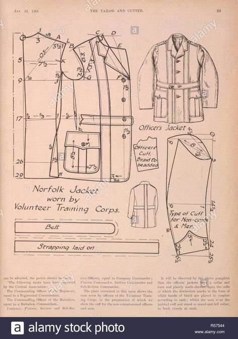 An advertisement for a Norfolk jacket worn by Volunteer training corps. . Tailor and Cutter. London, January 14, 1915. Source: Tailor and Cutter, page 23 Stock Photo: 226965764 - Alamy Military Jacket Pattern, Historical Clothing Patterns, London January, Norfolk Jacket, Tailoring Training, Volunteer Training, Pola Topi, Mens Sewing Patterns, Jacket Pattern Sewing