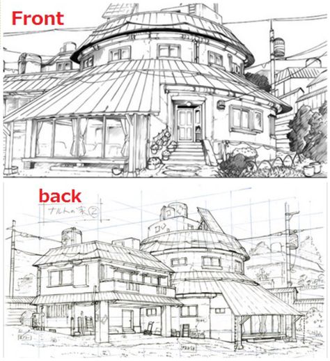 Naruto House Design, Naruto Architecture, Naruto House, Naruto Building, Anime Places, Perspective Drawing Architecture, Naruto Sketch Drawing, Japan Architecture, Naruto Vs Sasuke