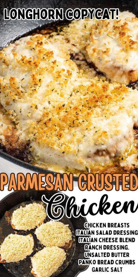 Recreate the popular Longhorn Parmesan Crusted Chicken recipe right in your own kitchen! Pan seared marinated chicken coated in a cheesy, crunchy crust and then baked in the oven makes the best copycat meal in 30 minutes! Longhorn Parmesan Crust, Longhorn Parmesan Crusted Chicken Recipe, Crusted Parmesan Chicken, Parmesan Crusted Steak, Longhorn Parmesan Crusted Chicken, Easy Parmesan Crusted Chicken, Parmesan Crusted Chicken Recipe, Parmesan Crusted Pork Chops, Crusted Chicken Recipes