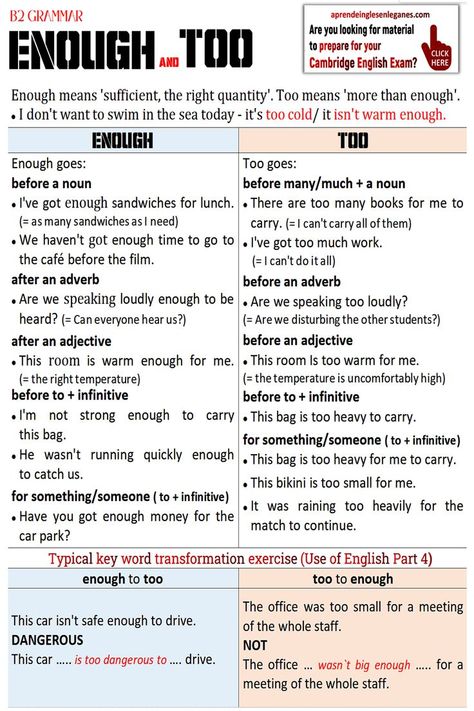 ENOUGH and TOO
Enough means 'sufficient, the right quantity'. Too means 'more than enough'. 
I don't want to swim in the sea today - it's too cold/ it isn't warm enough. Word Transformation, English Grammar Notes, Swim In The Sea, Speak Fluent English, English Grammar Tenses, Basic English Sentences, English Grammar Rules, Study English Language, English Exam