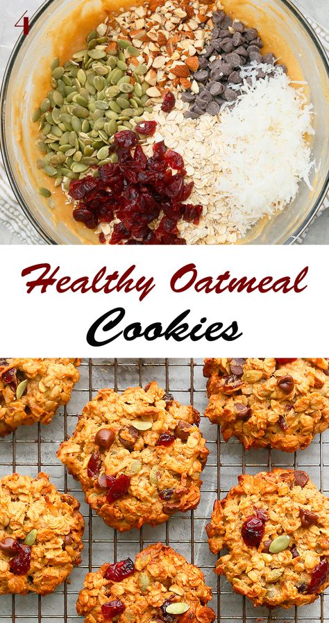 With crispy edges and chewy centre, these clean eating oatmeal cookies are healthy, absolutely delicious made easily in one bowl and have a hearty texture. Breakfast Cookies Healthy Oatmeal No Bake, Low Cholesterol Baked Goods, Low Cholesterol Snacks On The Go, Healthy Baking Recipes Clean Eating, Clean Oatmeal Cookies, Healthy Snack Bars Recipes, Healthy Cookies Recipes, Clean Eating Oatmeal, Oatmeal Cookie Recipes Healthy