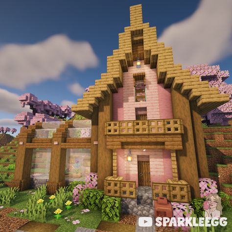 Click for a build tutorial on my YouTube channel #minecraft #starterhouse #aestheticminecraft #cherrygrove #cutemincraft #cute #aesthetic #prettyminecraftbuild Pink Wood House Minecraft, Pink And White Minecraft House, Pink Cottagecore Minecraft, Minecraft Build House, Cherry Blossom House, Minecraft Bedding, Pink Minecraft, Cherry Ring, Cherry House