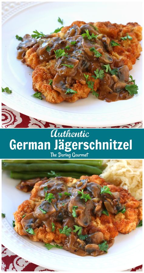 Authentic German Jägerschnitzel (Hunter Schnitzel with Mushroom Gravy).  daringgourmet.com Jaegerschnitzel Recipe, German Schnitzel, German Food Authentic, Schnitzel Recipes, Breaded Pork Chops, Pork Cutlets, Mushroom Gravy, Idee Pasto Sano, Pork Dishes