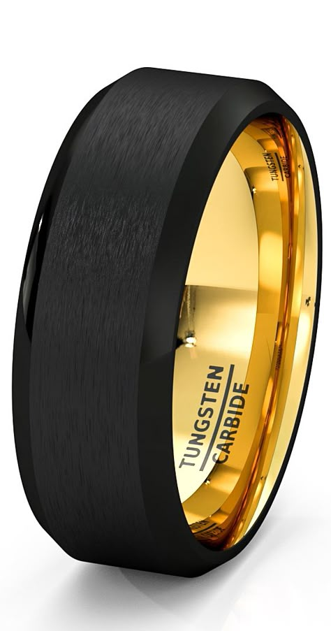 Mens Wedding Band Black Gold Tungsten Ring Brushed Surface Center Beveled Edge 8mm Comfort Fit Wedding Ring Couple Marriage, Cool Wedding Bands, Mens Wedding Band Black, Wedding Ring Couple, Mens Wedding Rings Black, Mens Wedding Bands Black, Wedding Band Black, Wedding Bands For Men, Black And Gold Wedding