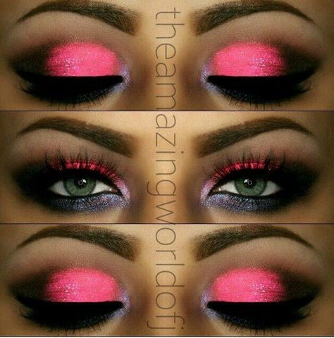 Hot pink and black eyeshadow Ways To Put On Eyeshadow, Black And Pink Eyeshadow, Pink And Black Eyeshadow Looks, Hot Pink Eyeshadow Looks, Hot Pink Eye Makeup, Hot Pink Eyeshadow, Bout Makeup, Eyeshadow Inspiration, Face Ideas