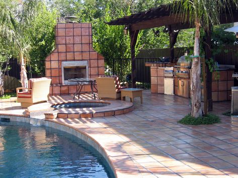 Saltillo Tile Cantera Stone, Fireplace Facing, Hut House, Saltillo Tile, Swimming Pool Tiles, Front Garden Design, Patio Tiles, Patio Flooring, Modern Pools