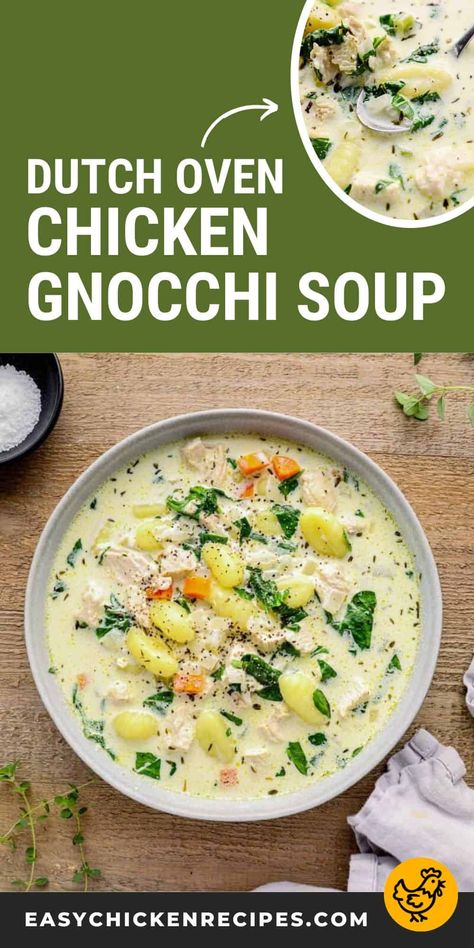 This copycat recipe for Olive Garden Chicken Gnocchi Soup is the ultimate winter comfort food! Pillows of potato gnocchi are mixed with a medley of fresh veggies, white meat chicken, and a deliciously creamy broth. Dutch Oven Chicken Gnocchi Soup, Chicken Gnocchi Soup Dutch Oven, Chicken Gnocchi Soup With Rotisserie Chicken, Pioneer Woman Chicken Gnocchi Soup, Dutch Oven Gnocchi Recipes, Dutch Oven Soups, Dutch Oven Soup Recipes, Olive Garden Chicken Gnocchi Soup Recipe, Creamy Chicken Gnocchi Soup