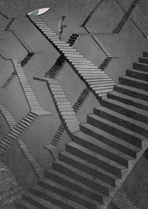 Maze Art Illustration, Kafkaesque Aesthetic, Escher Stairs, How To Draw Stairs, Escher Art, Surreal Art, Art Plastique, Labyrinth, 그림 그리기