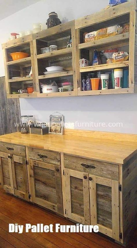 Pallet Kitchen Cabinets, Pallet Cabinet, Pallet Kitchen, Rustic Kitchen Cabinets, Pallet Projects Furniture, Wooden Pallet Furniture, Wooden Pallet Projects, Reclaimed Wood Furniture, Diy Kitchen Cabinets