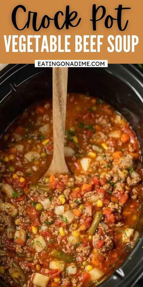 Try this tasty Crock Pot Vegetable Beef Soup Recipe! This soup is crazy easy because there isn't much chopping needed. Just toss in the crock pot and go! This Slow Cooker vegetable beef soup is easy to make and packed with tons of flavor too!  The entire family will love it.  #eatingonadime #souprecipes #crockpotrecipes #slowcookerrecipes Vegetable Soup With Ground Beef Worcestershire Sauce, Crockpot Vegetable Beef Soup Eating On A Dime, Crock Pot Beef Vegetable Soup Recipe, Vegetable Soup With Stew Meat Crock Pot, Slow Cooker Veggie Beef Soup, One Pot Spinach Beef Soup, Crockpot Vegetable Beef Soup Slow Cooker Easy Recipes, Low Carb Vegetable Soup Crock Pot, Crockpot Hamburger Vegetable Soup Slow Cooker