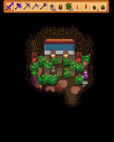 Stardew Valley Game Mushroom Cave Layout with deluxe fish tank in the back, grass starters scattered. Lanterns, stump chairs, wood rugs and chest as decoration. Stardew Valley Cave Decoration, Stardew Valley Furniture Catalog, Mushroom Cave Stardew Valley, Stardew Valley Cave Layout, Stardew Valley Mushroom Cave, Stardew Mushroom Cave, Stardew Farms, Stardew Valley Farms, Anime Titles