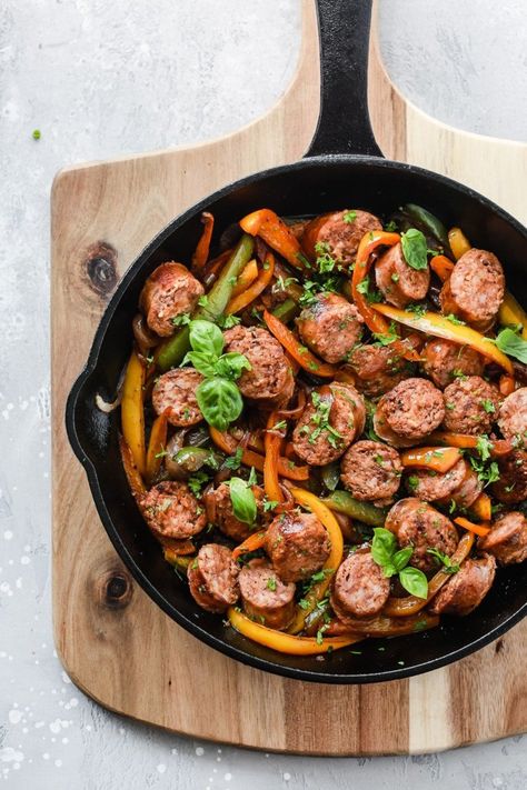 Italian Sausage, Onions and Peppers Skillet Sausage Onions And Peppers, Sweet Italian Sausage Recipes, Sausage Peppers And Onions, Italian Sausage Pasta, Italian Sausage Recipes, Cast Iron Skillet Recipes, Sweet Italian Sausage, Sausage And Peppers, Paleo Dinner