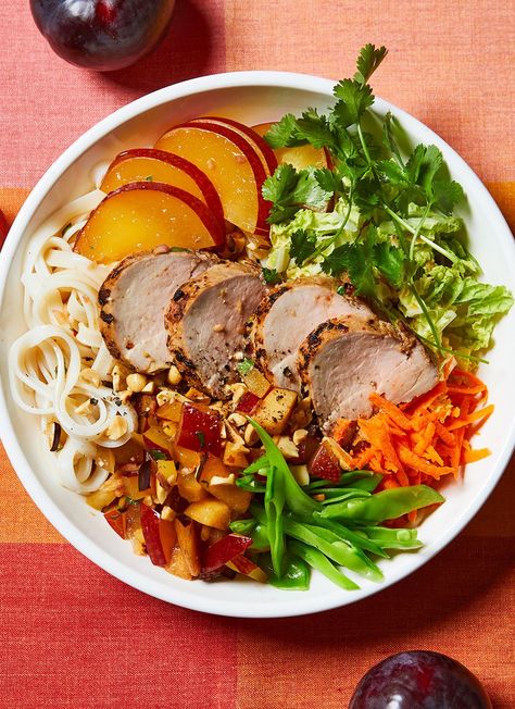 Stir together a dressing of soy, rice vinegar, and ginger, then put it to work two ways: Use a portion as the starter for the pork marinade and the rest for a plum relish on this fresh noodle bowl. Dinner Recipes Low Cholesterol, Low Cholesterol Dinner, Cholesterol Friendly Recipes, Cholesterol Meals, Lower Triglycerides, Pork Marinade, Lowering Cholesterol, Cholesterol Recipes, Pork Noodles