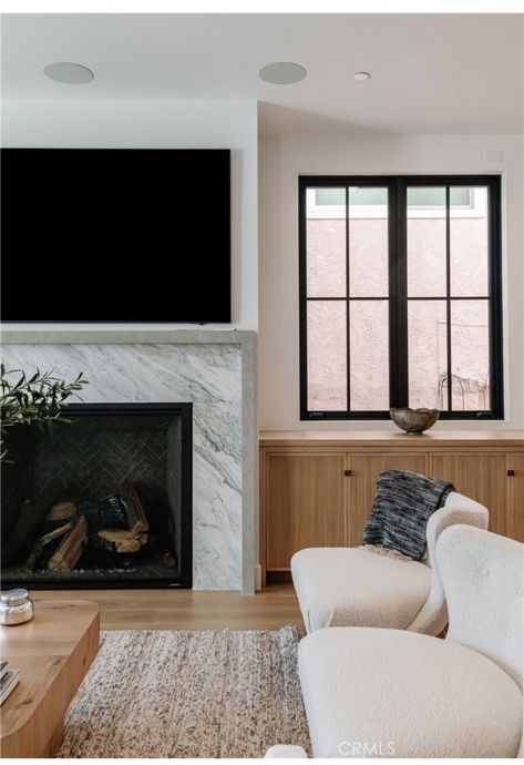 Low Fireplace Mantle With Tv, Cannon Ball Fireplace, Fireplace With Windows On Either Side, Mantle With Tv, Mid Century Modern Fireplace, Lounge Ideas, Starter Home, Gathering Space, Custom Built Homes