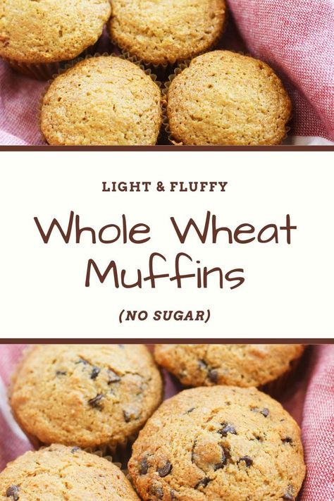 Freshly baked whole wheat muffins, with or without chocolate chips. Whole Wheat Banana Bread Muffins, Whole Wheat Muffin Recipes, Whole Wheat Desserts, Wheat Muffins, Sugar Free Muffins, Wheat Flour Recipes, Fiber Recipes, Dairy Free Muffins, Sourdough Muffins