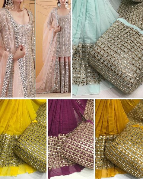 Embroidery On Georgette Fabrics, Pakistani Fabric, Fabric Forever, Sharara Designs, Rhinestone Fabric, Designer Punjabi Suits, Punjabi Outfits, Indian Designer Suits, Pakistani Dress