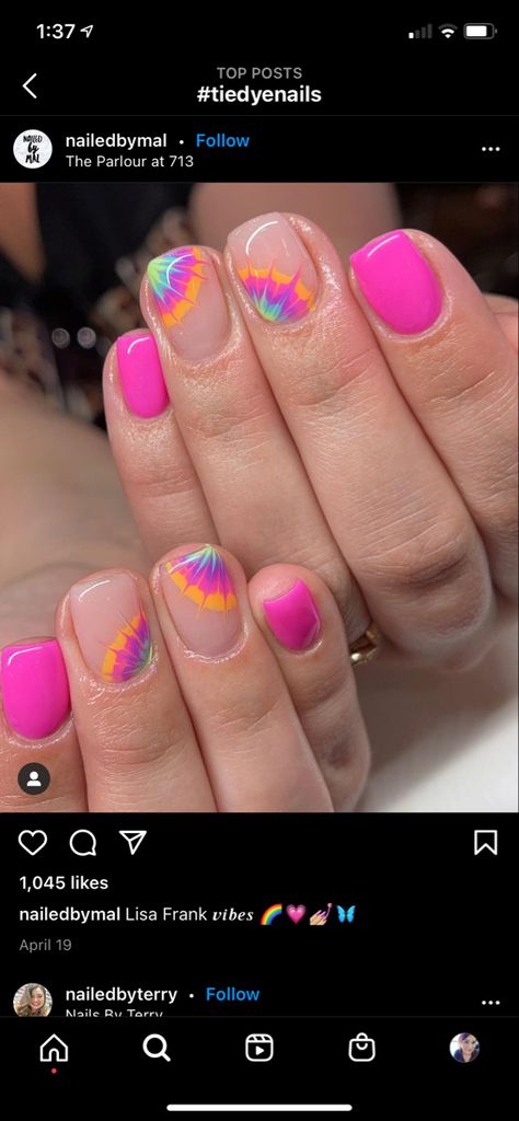 Simple Short Summer Nail Ideas, Gel Overlay Nails Design Summer, Squarish Nails, Festival Nail Art Designs, Festival Short Nails, Short Tie Dye Nails, Bright Short Nails For Summer, Bright Manicure Ideas, Nail Ideas For Kids Summer