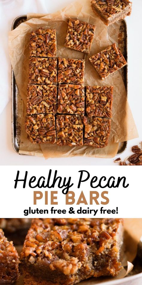 These Healthy Pecan Pie Bars are rich, chewy, crunchy, and of course delicious! Made with a shortbread like almond flour crust and a gooey maple syrup sweetened pecan filling, these easy bars are the perfect holiday dessert. They taste just like the classic pie, but without any of the corn syrup and much less effort needed. Gluten free & dairy free too! Gluten Free Pecan Pie Bars, Dairy Free Pecan Pie, Healthy Pecan Pie Bars, Healthy Pecan Pie, Easy Bars, Gluten Free Pecan Pie, Dairy Free Deserts, Pecan Pie Bars Easy, Pecan Pie Bites