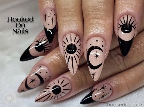 Ouija Nails Acrylic, Gothic Inspired Nails, Witch Nails French Tip, Psychic Nails, Black And White Moon Nails, Ouija Board Nail Art, Corpse Husband Nails, Eye Acrylic Nails, Googly Eye Nails