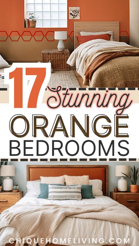 Revitalize your bedroom with the vibrant energy of orange using our curated collection of 17 stunning orange bedroom ideas. Dive into a world of warmth, vitality, and creativity as we explore various ways to incorporate this bold and invigorating color into your bedroom decor. From subtle accents to statement walls, discover how shades of orange can transform your space into a vibrant and welcoming retreat. Orange Wall Color Bedroom, Orange Paint Bedroom, Orange Wall Paint Ideas Bedroom, Orange Painted Walls Bedroom, Tangerine Bedroom Walls, Tangerine Bedroom, Spare Bedroom Office Ideas, Colour Combination For Bedroom Walls, Colour Combination For Bedroom