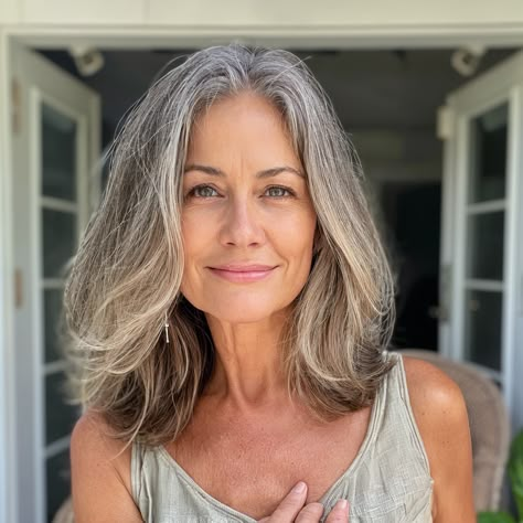 Gray Hair Fashion Outfit, Middle Age Haircuts For Women, Long Bob Grey Hair, Long Bob Over 50, Middle Age Woman Haircut, Grey Hair Long Bob, Haircuts For Middle Aged Women, Woman Middle Age, Older Women Long Hair