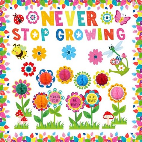 Flowers Bulletin Board, Chalkboard Supplies, Flower Bulletin Boards, Inspirational Quotes Cards, Never Stop Growing, Spring Bulletin, Spring Bulletin Boards, School Chalkboard, Bulletin Board Decor