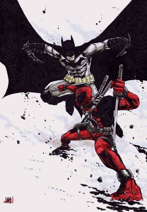 Batman Vs Deadpool by Andie Tong New 52 Batman, Marvel And Dc Crossover, I Am Batman, Batman Artwork, New 52, Batman Universe, Im Batman, Marvel Vs Dc, Marvel Deadpool