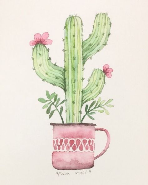 Cactus With Flowers Painting, Watercolor Cactus Paintings, Watercolor Art Cactus, Cactus Watercolor Painting, Drawing Cactus, Cactus Watercolor, Watercolor Calendar, Cactus Drawing, Art Sketches Doodles