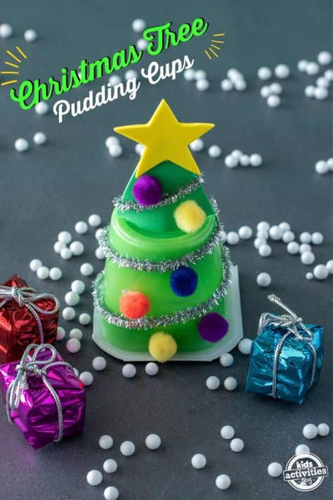 Christmas Tree Pudding Cups Pudding Cups Ideas, Classroom Holiday Party, Xmas Goodies, Pudding Cup, Cups Ideas, Winter Activities For Kids, How To Make Christmas Tree, Pudding Cups, Christmas Activities For Kids