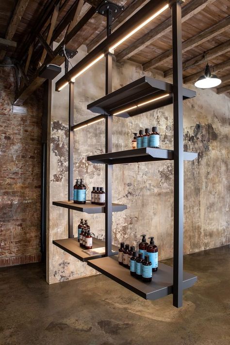 Acrobat ceiling mounted retail fixtures Industrial Showroom Design, Ceiling Shelf, Ceiling Shelves, Retail Fixtures, Overhead Storage, Retail Shelving, Lounge Bar, Aluminum Railing, Mounted Shelves