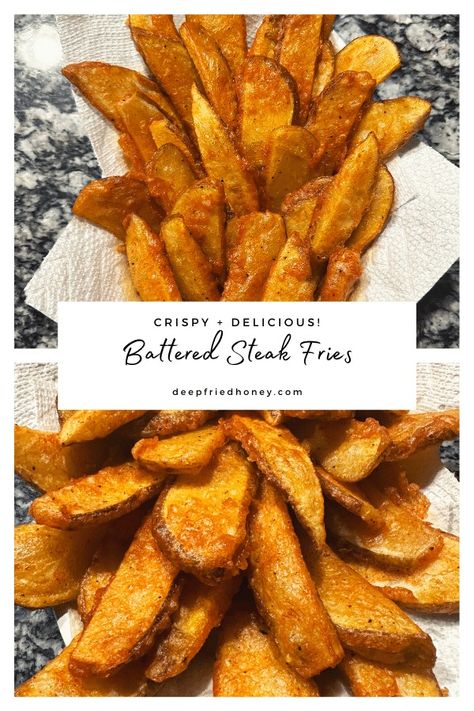 Battered Steak Fries • deepfriedhoney Battered Fries Recipe, Deep Fried Steak, Beer Battered Fries, Wedge Fries, Seasoned Potato Wedges, Deep Fried Potatoes, Fried Steak Recipes, Potato Wedges Recipe, Easy Steak