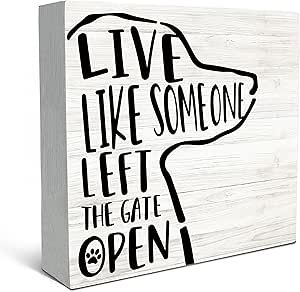 SRADMO Live Like Someone Left The Gate Open Wood Box Sign Desk Decor，Funny Dog Saying Wooden Block Box Sign Decoration For Home Bedroom Living Room Shelf Table Decor Dog Signs Wooden, Signs About Dogs, Pet Wood Signs, Signs For Dog Lovers, Cricut Dog Projects Wood Signs, Cute Dog Sayings Signs, Living Room Shelf, Room Shelf, Shelf Table