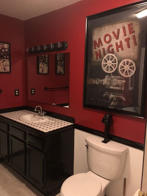 Movie Theater Bathroom Ideas, Movie Theme Bathroom Ideas, Movie Themed Bathroom, Movie Theater Bathroom, Cinema Bathroom, Movie Bathroom, Movie Theater Room Decor, Movie Themed Rooms, Affordable Room Decor