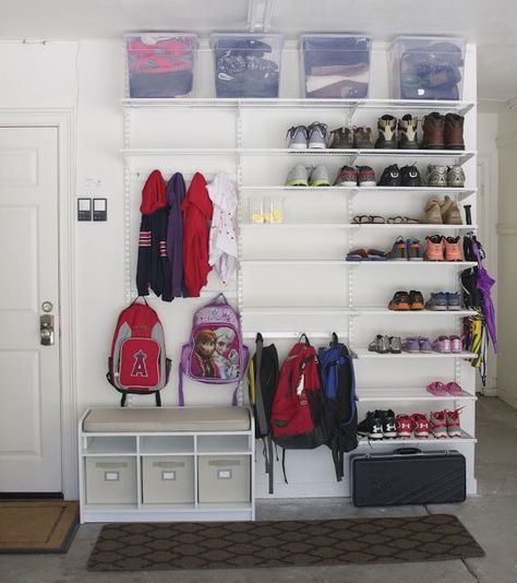 kids closet tweaking Shoe Storage Design, Mud Room Garage, Garage Organization Tips, Coat Storage, Garage Storage Solutions, Garage Organization Diy, Garage Entry, Garage Remodel, Diy Garage Storage