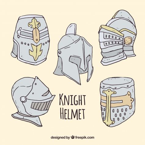 Several hand drawn armor helmets  Free Vector Medieval Helmet Concept Art, Crusader Helmet Drawing, Armor Helmet Drawing, Types Of Knight Helmets, Knights Helmet Drawing, Medieval Helmet Types, Person Holding Helmet Reference, Knight Helmet Reference, Warrior Helmet Drawing