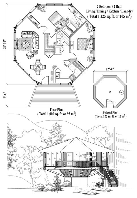 Online House Plan: 1125 sq. ft., 2 Bedrooms, 2 Baths, Pedestal Collection (PD-1122) by Topsider Homes. 1000 Sq Ft House, Round House Plans, Small House Blueprints, Octagon House, Dome House, Plans Modern, A Frame House, House Drawing, House Blueprints