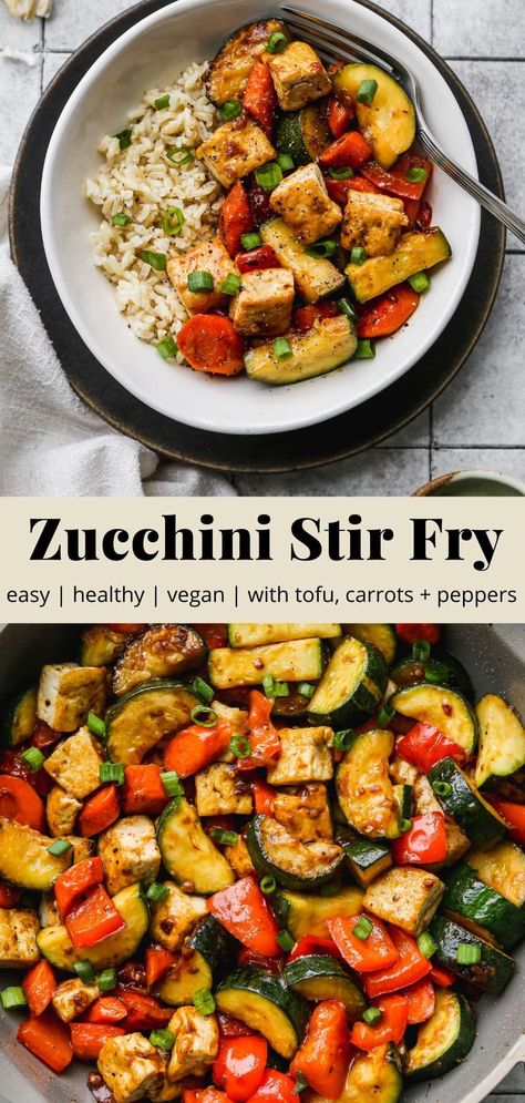 This zucchini stir fry is made with carrots, bell peppers, tofu, and Asian-inspired seasonings. Easy, healthy, and great for meal prep! Option to make a non-vegan version and serve with shrimp or chicken, instead. Stir Fry With Tofu, Zucchini Stir Fry, Tofu Recipes Healthy, Tofu Vegan, Plats Healthy, Vegetarian Meal Prep, Dinner Meal Prep, Tasty Vegetarian Recipes, Vegan Meal Prep