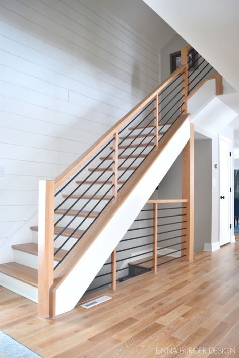 Modern Metal + Wood Staircase - Jenna Burger Metal Wood Stair Railing, Staircase Wood And Metal, Stair Railing Ideas Mid Century Modern, Stair Railing Ideas Horizontal, Modern Stair Railing Ideas Wood, Closed Stringer Staircase, Modern Farmhouse Railings For Stairs, Simple Stair Railings, Wood And Metal Stair Railing