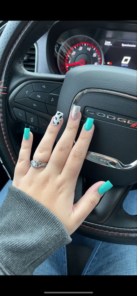 Cute Acrylic Nail Designs Cow Print, Turquoise And Cow Print Nails, Cow Print Nails Blue, Nail Ideas Turquoise, Short Turquoise Nails, Teal Nail Designs Turquoise, Blue Cow Print Nails, Teal Nail Ideas, Turquoise Acrylic Nails