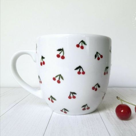 Easy Mug Painting, Cherry Pottery Painting, Coffee Cup Painting Ideas, Pottery Painting Ideas Easy Coffee Mugs, Hand Painted Pottery Mugs, Hand Painted Mugs Ideas, Cherry Pottery, Mug Painting Ideas Easy, Coffee Mug Painting Ideas